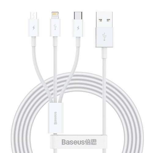 KABELIS BASEUS SUPERIOR IŠ USB Į MICROUSB+LIGHTNING+TYPE-C 3.5A 1.5M BALTAS CAMLTYS-02