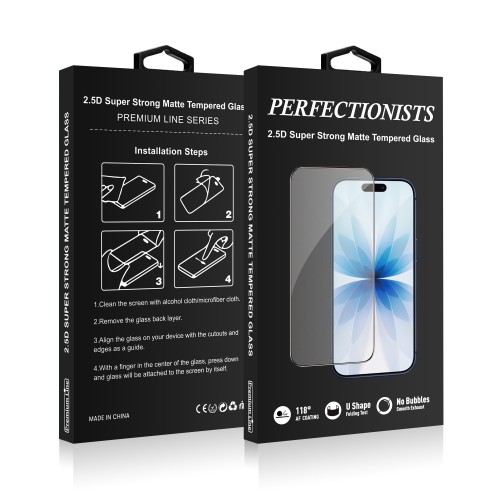 LCD APSAUGINIS STIKLIUKAS PERFECTIONISTS 2.5D SUPER STRONG MATTE TEMPERED GLASS APPLE IPHONE 15 / 16 JUODAS