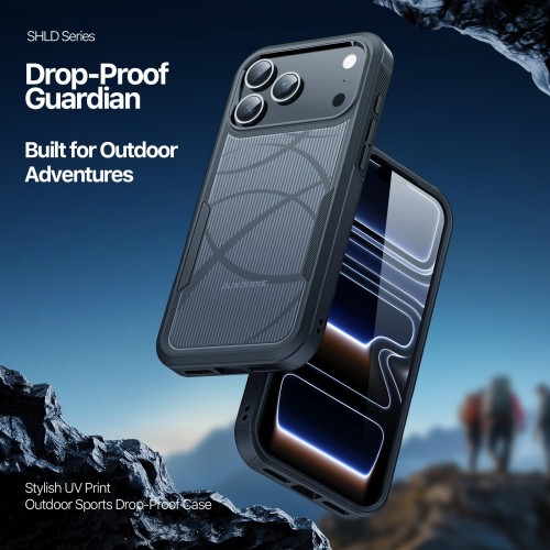 DĖKLAS DUX DUCIS SHLD APPLE IPHONE 17 PRO JUODAS (TRIANGLE PATTERN)