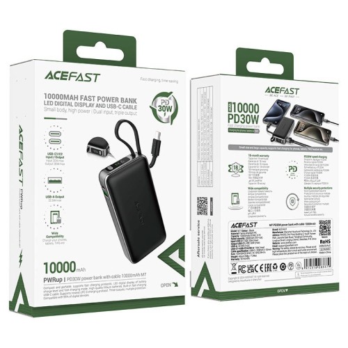 IŠORINĖ BATERIJA POWER BANK ACEFAST M7-10000 PD30W WITH CABLE 10000MAH JUODA
