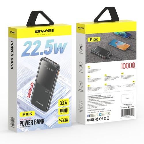 IŠORINĖ BATERIJA POWER BANK AWEI P10K 22.5W 10000MAH JUODA