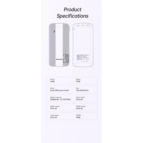 IŠORINĖ BATERIJA POWER BANK AWEI P19K 5V / 2.4A 20000MAH JUODA