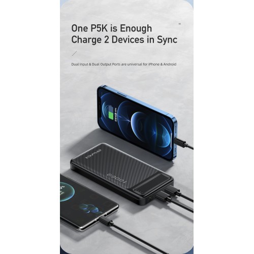 IŠORINĖ BATERIJA POWER BANK AWEI P5K 5V / 2.1A 10000MAH JUODA
