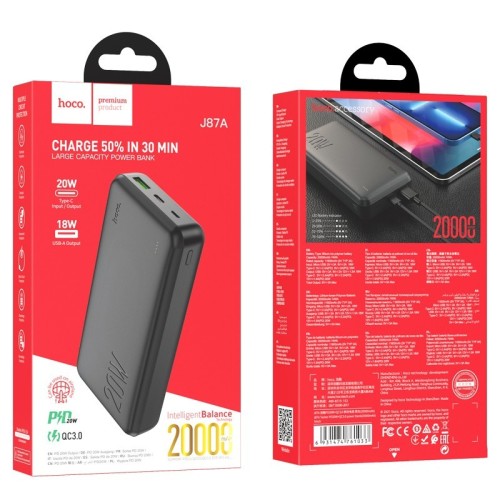 IŠORINĖ BATERIJA POWER BANK HOCO J87A TYPE-C PD 20W+QUICK CHARGE 3.0 20000MAH JUODAS