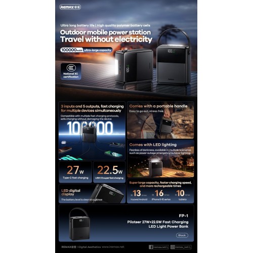 IŠORINĖ BATERIJA POWER BANK REMAX FP-1 22.5W 100000MAH JUODA
