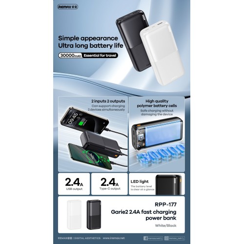 IŠORINĖ BATERIJA POWER BANK REMAX RPP-177 12W 30000MAH JUODA