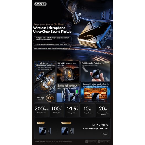MIKROFONAS REMAX K11 LIGHTNING JUODAS