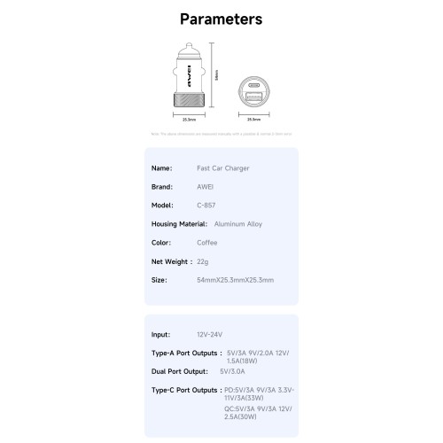 AUTOMOBILINIS ĮKROVIKLIS AWEI C-857 33W USB-C / USB-A JUODAS