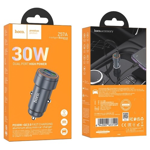 AUTOMOBILINIS ĮKROVIKLIS HOCO Z57A 30W USB-C / USB-A PILKAS