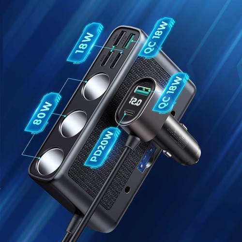 AUTOMOBILINIS ĮKROVIKLIS JOYROOM 9IN1 154W 3X12V, PD USB TYPE-C, QC3.0 USB-A, 4XUSB-A JR-CL06
