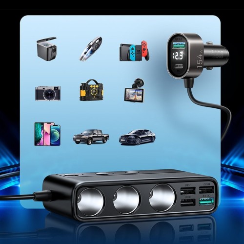 AUTOMOBILINIS ĮKROVIKLIS JOYROOM 9IN1 154W 3X12V, PD USB TYPE-C, QC3.0 USB-A, 4XUSB-A JR-CL06