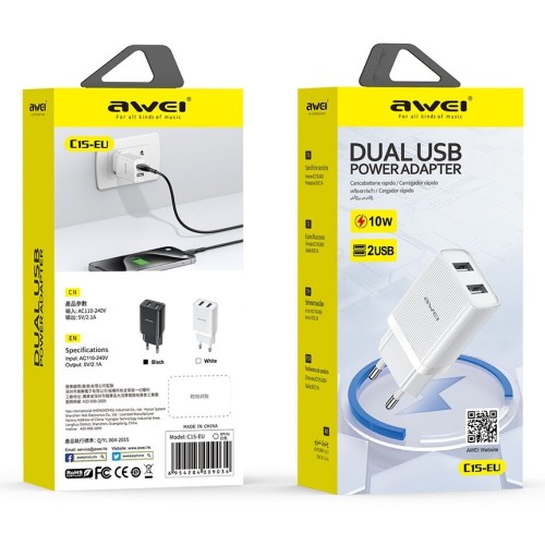 ĮKROVIKLIS AWEI C15T-EU 10W 2XUSB-A + USB-A TO USB-C CABLE 1.0M BALTAS