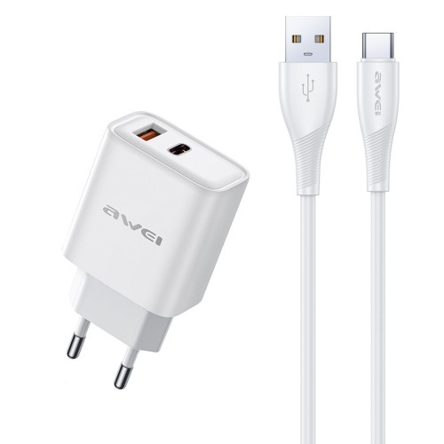 ĮKROVIKLIS AWEI PD81T-EU 22.5W USB-A / USB-C + USB-A TO USB-C CABLE 1.0M BALTAS ĮKROVIKLIS AWEI PD81T-EU 22.5W USB-A / USB-C + USB-A TO USB-C CABLE 1.0M BALTAS