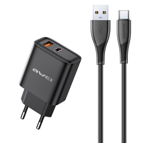 ĮKROVIKLIS AWEI PD81T-EU 22.5W USB-A / USB-C + USB-A TO USB-C CABLE 1.0M JUODAS ĮKROVIKLIS AWEI PD81T-EU 22.5W USB-A / USB-C + USB-A TO USB-C CABLE 1.0M JUODAS