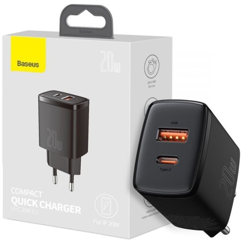 ĮKROVIKLIS BASEUS COMPACT QUICK CHARGER 20W USB-C / USB-A JUODAS CCXJ-B01