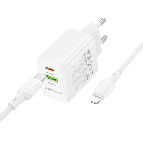 ĮKROVIKLIS BOROFONE BN29 30W USB-C / USB-A + USB-C TO LIGHTNING CABLE 1.0M BALTAS