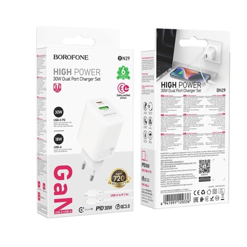 ĮKROVIKLIS BOROFONE BN29 30W USB-C / USB-A + USB-C TO LIGHTNING CABLE 1.0M BALTAS