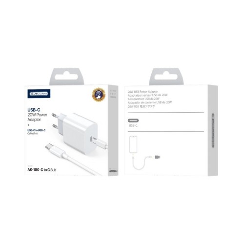 ĮKROVIKLIS JELLICO AK180 20W USB-C + USB-C TO USB-C CABLE 1.0M BALTAS