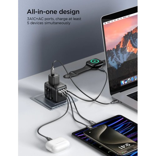 UNIVERSALUS KELIONINIS ĮKROVIKLIS JOYROOM JR-TCW01 15W 3XUSB-A / USB-C JUODAS