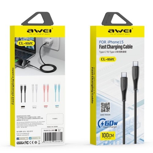 USB KABELIS AWEI CL-182C USB-C TO USB-C 1.0M JUODAS