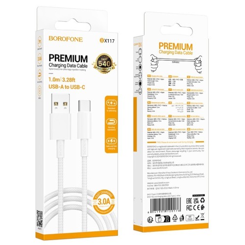 USB KABELIS BOROFONE BX117 USB-A TO USB-C 1.0M BALTAS