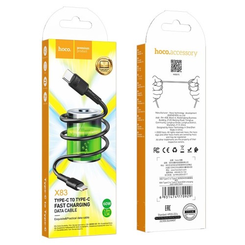 USB KABELIS HOCO X83 60W TYPE-C TO TYPE-C 1.0M JUODAS