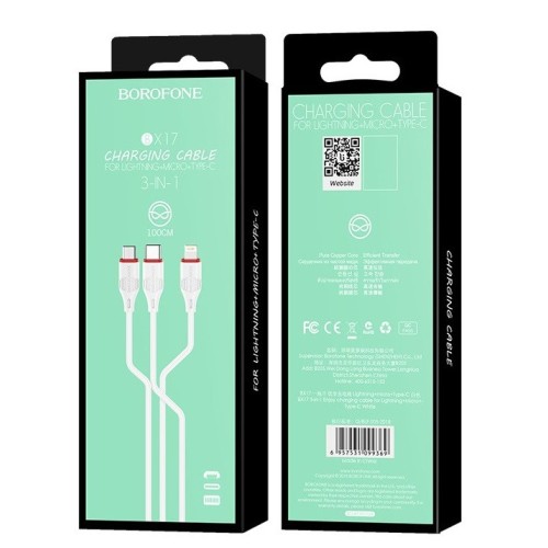 USB KABELIS BOROFONE BX17 3IN1 MICROUSB-LIGHTNING-TYPE-C BALTAS