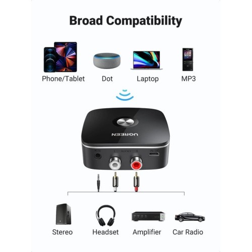 BLUETOOTH ADAPTERIS IMTUVAS UGREEN CM123 2XRCA / AUX BLUETOOTH 5.0 JUODAS (30445)