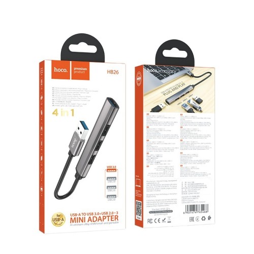 USB ŠAKOTUVAS HOCO HB26 4-IN-1 ADAPTER USB-A TO 1XUSB3.0 + 3XUSB2.0 PILKAS