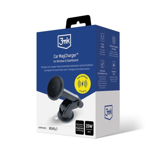 AUTOMOBILINIS LAIKIKLIS-ĮKROVIKLIS 3MK CAR MAGCHARGER 15W (WINDSHIELD / DASHBOARD) JUODAS