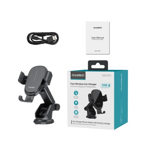 AUTOMOBILINIS LAIKIKLIS-ĮKROVIKLIS CHOETECH T203-F 15W GRAVITY CAR CHARGER HOLDER JUODAS