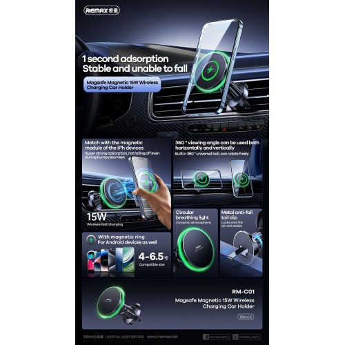 AUTOMOBILINIS LAIKIKLIS-ĮKROVIKLIS REMAX RM-C01 MAGSAFE 15W JUODAS