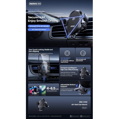 AUTOMOBILINIS TELEFONO LAIKIKLIS REMAX RM-C02 (AIR VENT) JUODAS