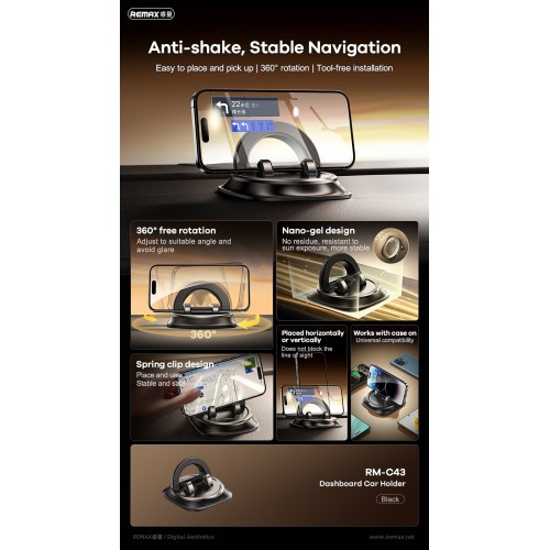 AUTOMOBILINIS TELEFONO LAIKIKLIS REMAX RM-C43 (DASHBOARD) JUODAS