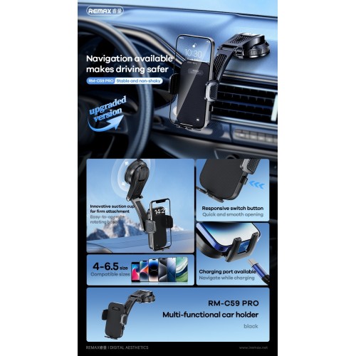 AUTOMOBILINIS TELEFONO LAIKIKLIS REMAX RM-C59 PRO (DASHBOARD) JUODAS