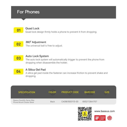TELEFONO LAIKIKLIS DVIRAČIUI BASEUS QUICKGO SERIES BIKE PHONE MOUNT CLUSTER JUODAS C40561500113-00
