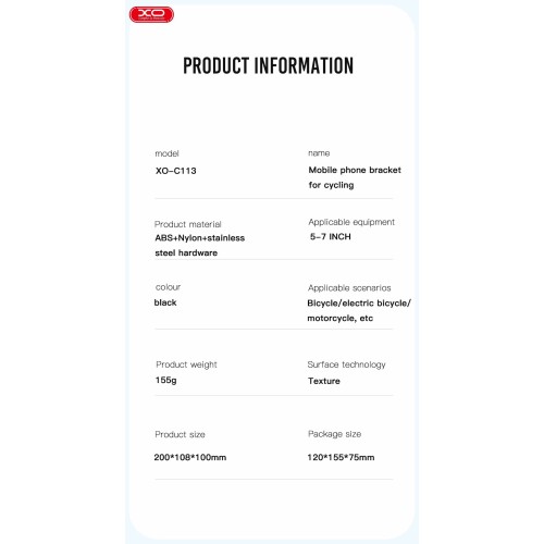 TELEFONO LAIKIKLIS DVIRAČIUI XO C113 JUODAS