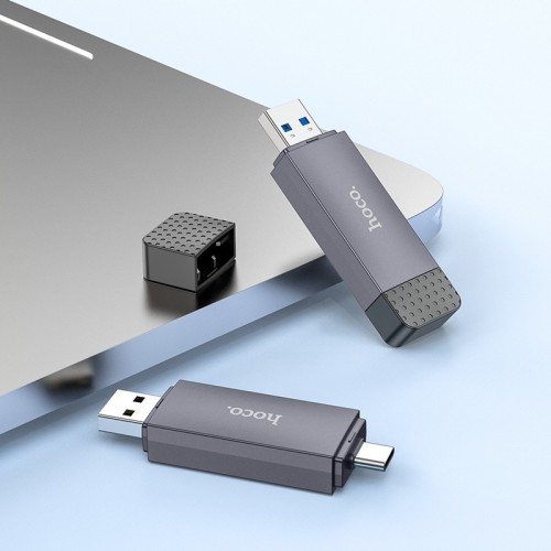 ATMINTIES KORTELIŲ SKAITYTUVAS HOCO HB45 USB-C / USB-A 2-IN-1 USB3.0 PILKAS