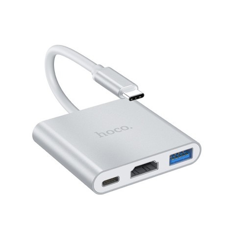 ADAPTERIS HOCO HB14 TYPE-C TO USB-A+HDMI+TYPE-C SIDABRINIS ADAPTERIS HOCO HB14 TYPE-C TO USB-A+HDMI+TYPE-C SIDABRINIS