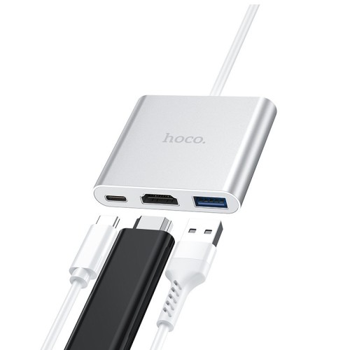 ADAPTERIS HOCO HB14 TYPE-C TO USB-A+HDMI+TYPE-C SIDABRINIS