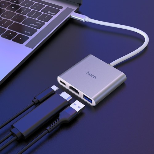 ADAPTERIS HOCO HB14 TYPE-C TO USB-A+HDMI+TYPE-C SIDABRINIS