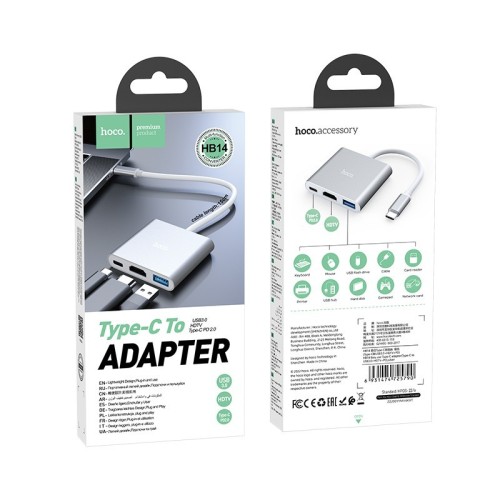 ADAPTERIS HOCO HB14 TYPE-C TO USB-A+HDMI+TYPE-C SIDABRINIS