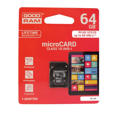ATMINTIES KORTA GOODRAM MICROSD 64GB UHS I (CLASS 10) + SD ADAPTER ATMINTIES KORTA GOODRAM MICROSD 64GB UHS I (CLASS 10) + SD ADAPTER