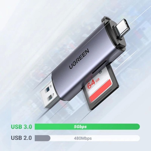 ATMINTIES KORTELIŲ SKAITYTUVAS UGREEN CM185 USB-A 3.0/USB-C 3.1 TO TF/SD (50706) PILKAS