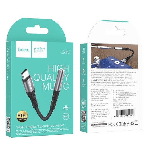 AUDIO ADAPTERIS HOCO LS33 TYPE-C TO 3.5MM PILKAS AUDIO ADAPTERIS HOCO LS33 TYPE-C TO 3.5MM PILKAS