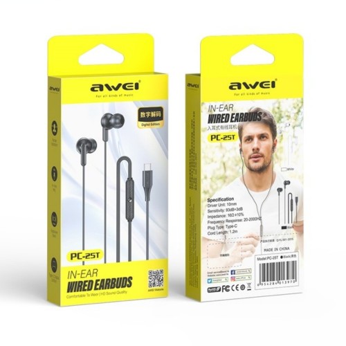 AUSINĖS AWEI PC-25T USB-C JUODOS AUSINĖS AWEI PC-25T USB-C JUODOS