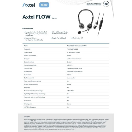 AUSINĖS SU MIKROFONU AXTEL FLOW UC STEREO USB-A/C JUODOS AUSINĖS SU MIKROFONU AXTEL FLOW UC STEREO USB-A/C JUODOS