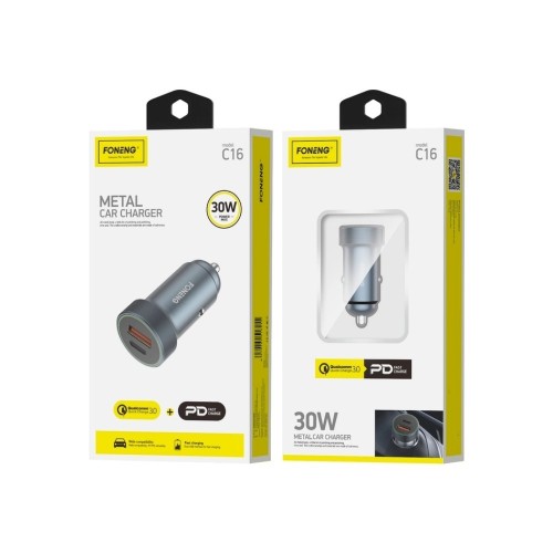 AUTOMOBILINIS ĮKROVIKLIS FONENG C16 30W USB-C/USB-A PILKAS AUTOMOBILINIS ĮKROVIKLIS FONENG C16 30W USB-C/USB-A PILKAS