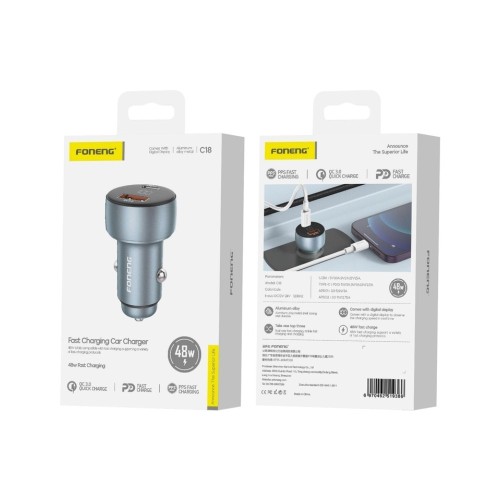 AUTOMOBILINIS ĮKROVIKLIS FONENG C18 48W USB-C/USB-A PILKAS AUTOMOBILINIS ĮKROVIKLIS FONENG C18 48W USB-C/USB-A PILKAS