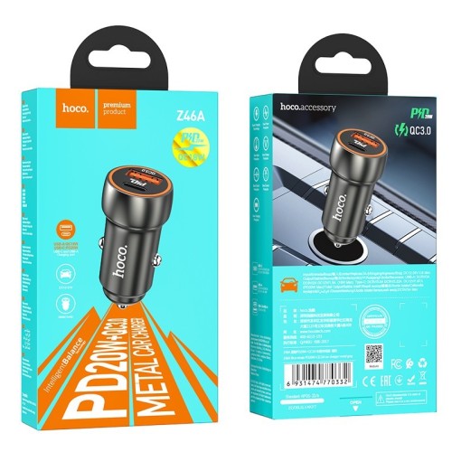 AUTOMOBILINIS ĮKROVIKLIS HOCO Z46A USB-A/TYPE-C PD20W+QC3.0 PILKAS AUTOMOBILINIS ĮKROVIKLIS HOCO Z46A USB-A/TYPE-C PD20W+QC3.0 PILKAS